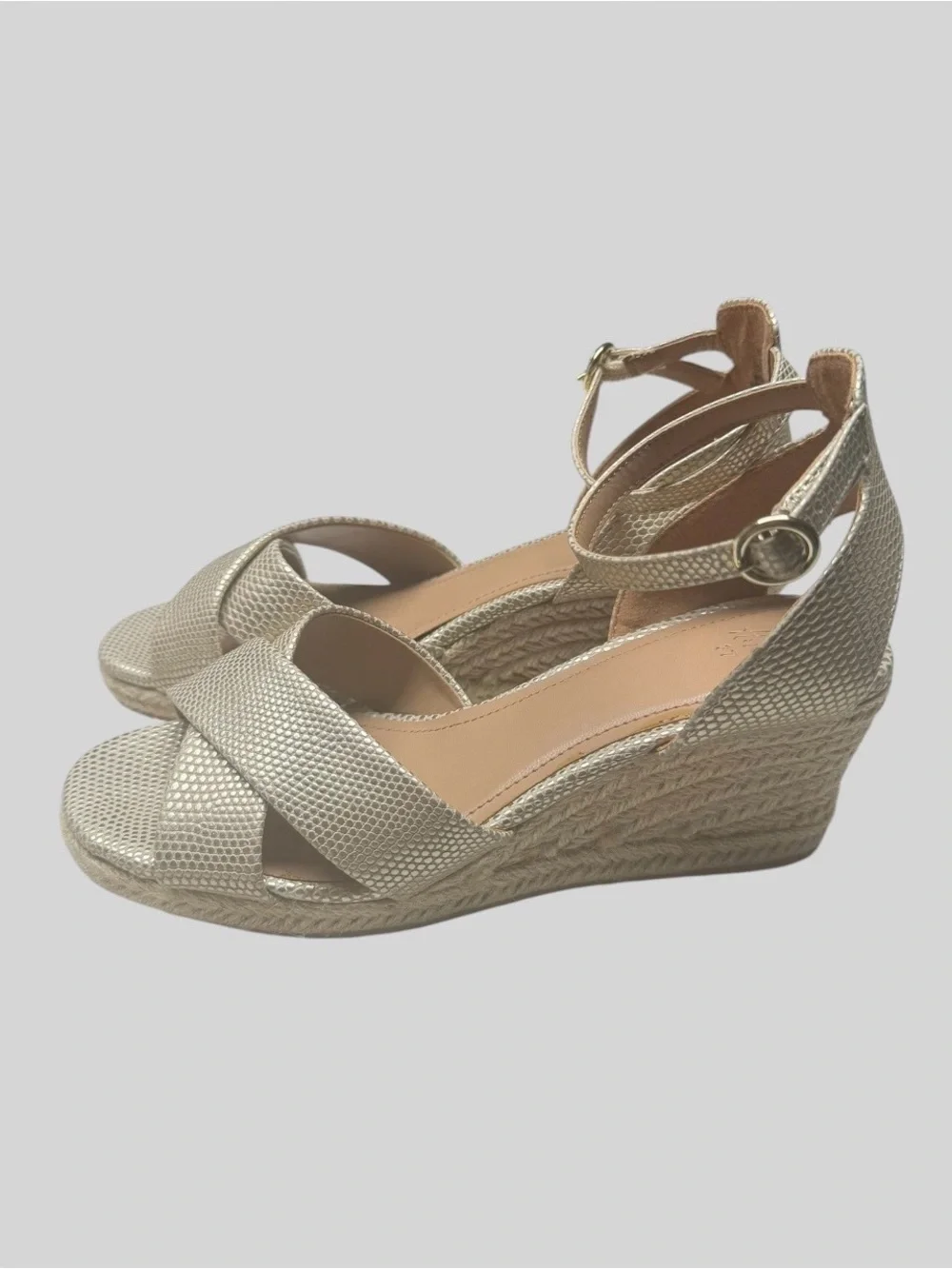 H&M Metallic Gold Wedge Espadrille Sandals with Ankle Strap
